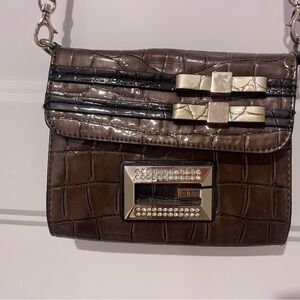 Guess Croc-Embossed Crossbody Bag in Brown and Black